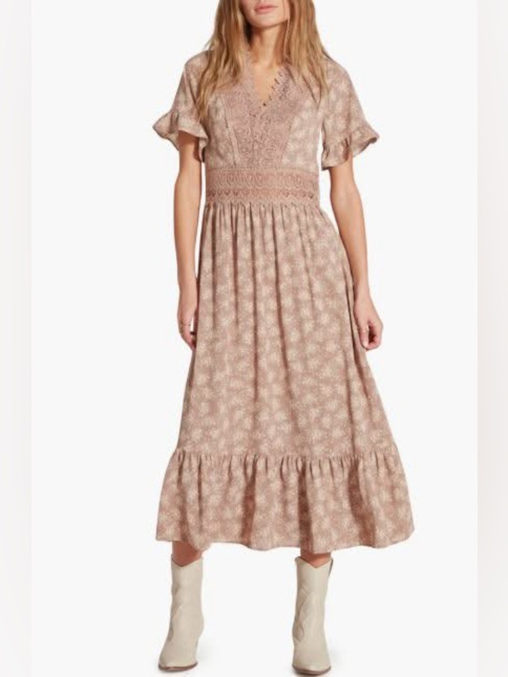 Wishlist Apparel Floral Midi Crochet Lace-Trim Dress in Mauve Sz S